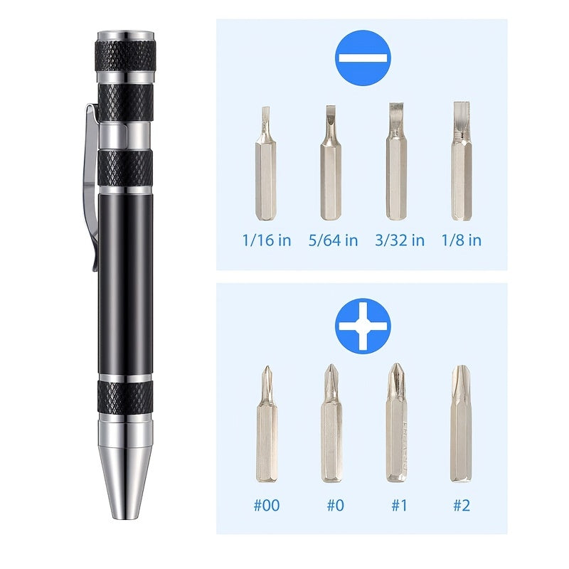 8-in-1 Multi-Tool Screwdriver Pen - Interchangeable Tips for Versatile Tasks, Effortless Repairs and Disassembly with Ease, Durable and Lightweight Aluminum Alloy Construction in a Sleek Pen Design