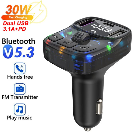 Car Charge Bluetooth 5.3 FM Transmitter Handsfree Car Radio Modulator MP3 Player With PD30W Super Quick Charge Adapter for Car