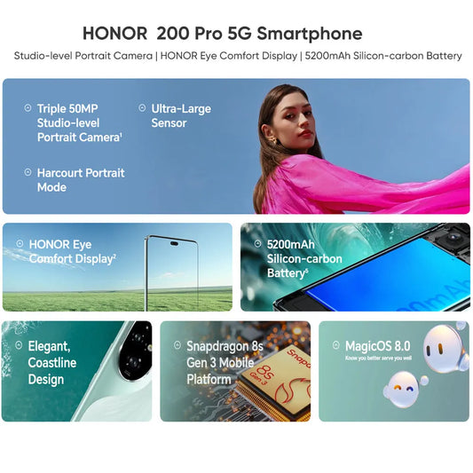 2024 Global Version HONOR 200 Pro Snapdragon 8s Gen 3 5G Smart phone 6.78'' 120Hz AMOLED 5200mAh Large Battery 100W SuperCharge