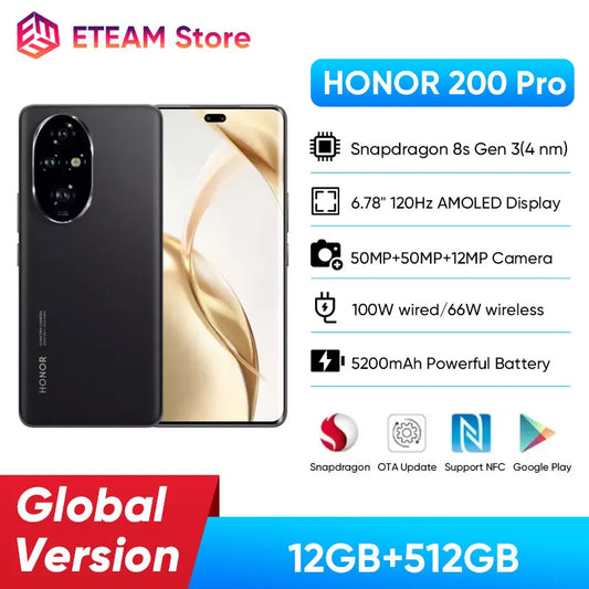 2024 Global Version HONOR 200 Pro Snapdragon 8s Gen 3 5G Smart phone 6.78'' 120Hz AMOLED 5200mAh Large Battery 100W SuperCharge